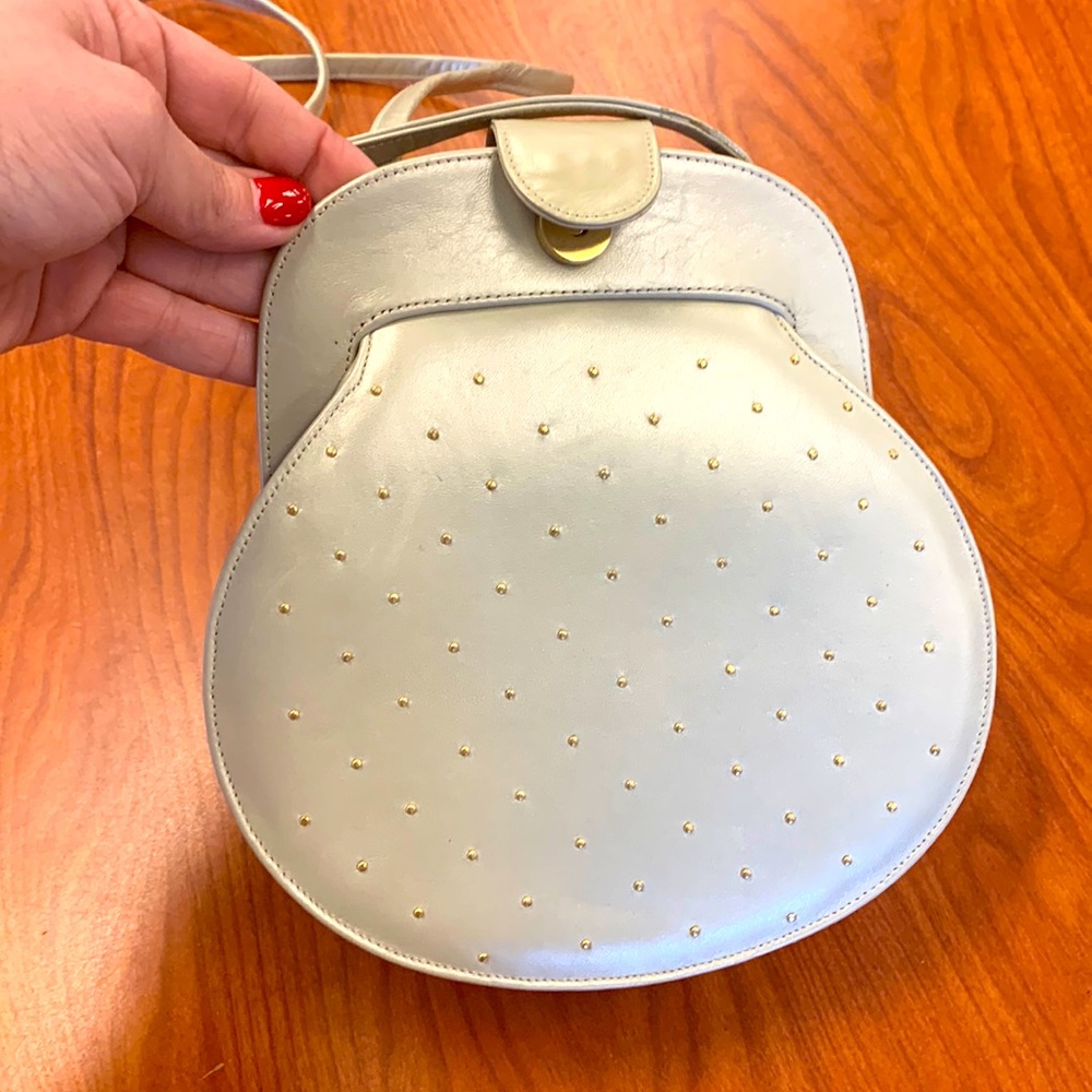 Vintage Stuart Weitzman Iridescent Cream Leather Shoulder Bag (gold studs)